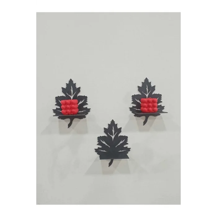 3lü Ahşap Duvar Süsü Rafı Çınar Yaprağı Mumluk Siyah Yaprak Raf 3lü