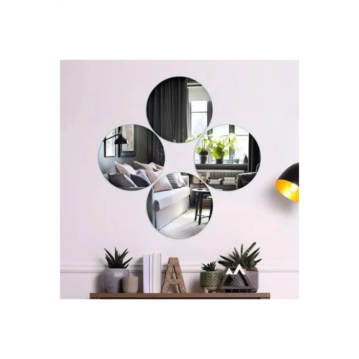 Dekoratif Yuvarlak Gümüş Ayna Pleksi Duvar Süsü 2 Adet ( Yapışkanlı )