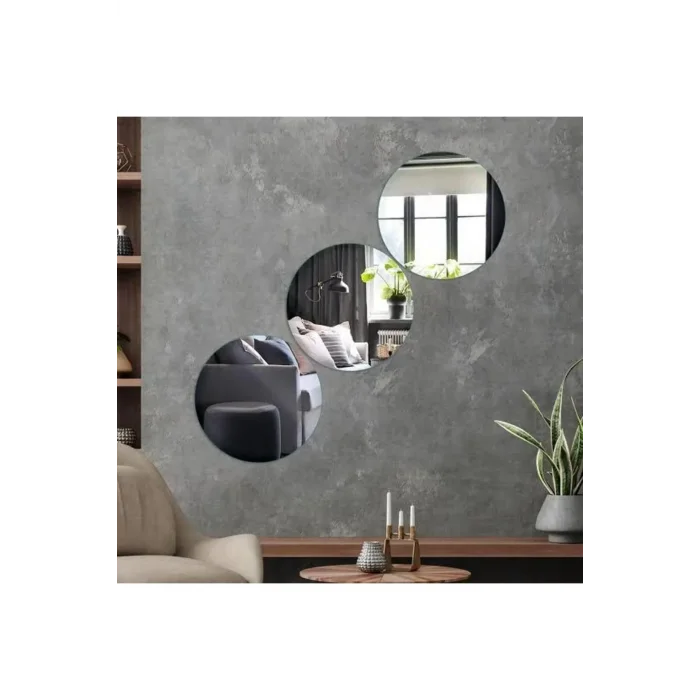 Dekoratif Yuvarlak Gümüş Ayna Pleksi Duvar Süsü 2 Adet ( Yapışkanlı )