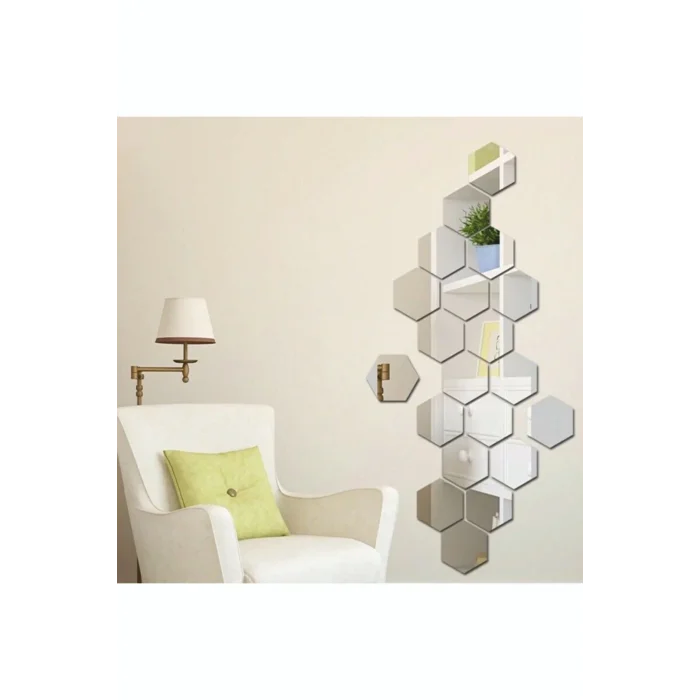 Bal Peteği Gümüş Dekoratif Altıgen 12x Süs Akrilik Ayna 7,5x8,5cm Antre Duvar Pleksi Yapışkan Bantlı