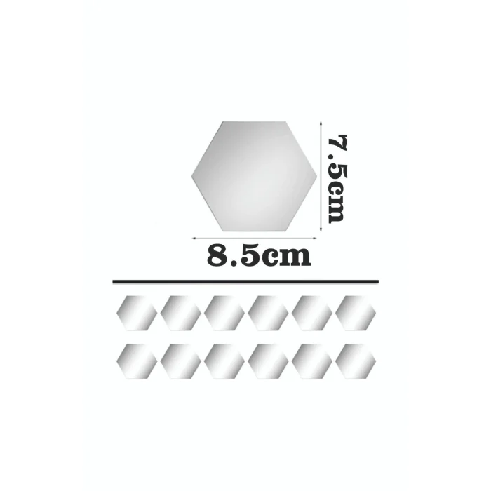 Bal Peteği Gümüş Dekoratif Altıgen 12x Süs Akrilik Ayna 7,5x8,5cm Antre Duvar Pleksi Yapışkan Bantlı