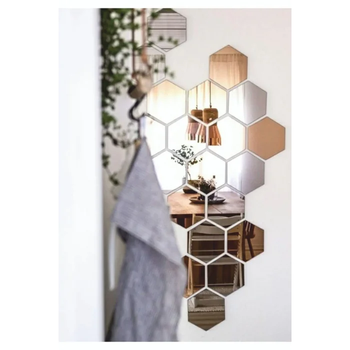 Bal Peteği Gümüş Dekoratif Altıgen 12x Süs Akrilik Ayna 7,5x8,5cm Antre Duvar Pleksi Yapışkan Bantlı