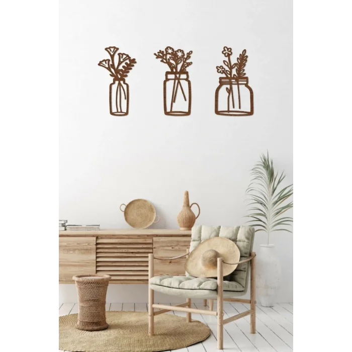 Kahverengi Lazer Kesim Ahşap Saksılar Duvar Dekoru