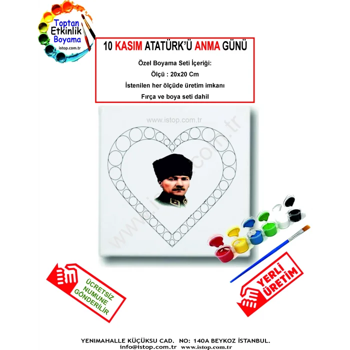 10 Kasım Atatürk’ü Anma Günü Özel Tuval Boyama Seti (Kalp Tasarımlı)