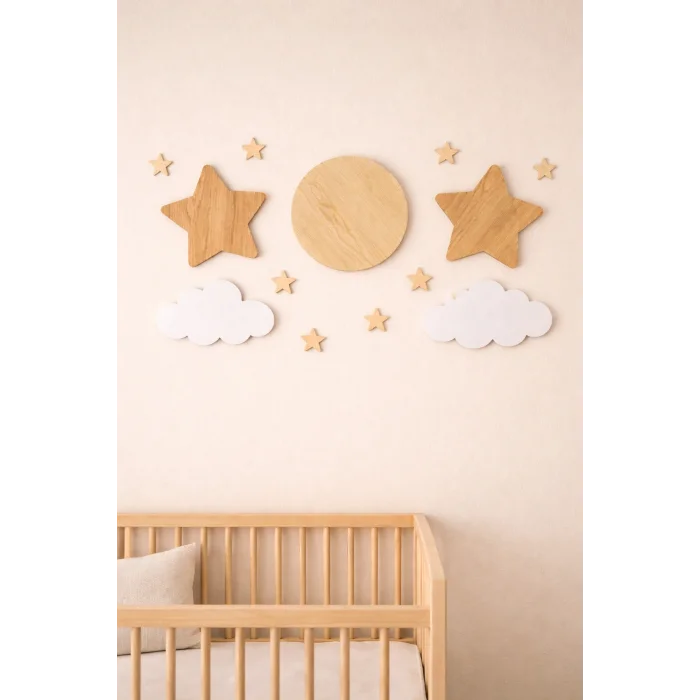 Ahşap Yıldız Ay Bulut Duvar Süsü Seti | Çocuk Odası Dekoratif MDF Duvar Süsü 13 Parça
