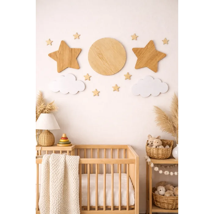 Ahşap Yıldız Ay Bulut Duvar Süsü Seti | Çocuk Odası Dekoratif MDF Duvar Süsü 13 Parça