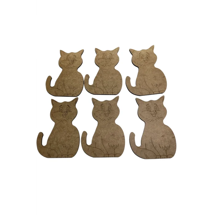 6 Adet Sevimli Kedi Ahşap Boyama Ürünü | Çocuklar İçin MDF | Eğitici Etkinlik 13.5 CM