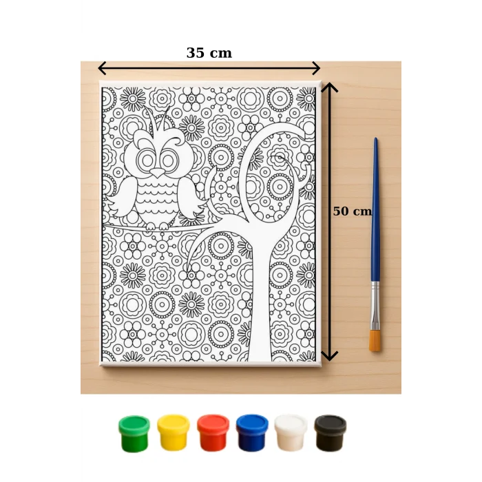 Baykuş Desenli Tuval Boyama Seti | Çocuklar İçin Boyanabilir Kanvas Tablo | Eğitici Sanat Etkinliği