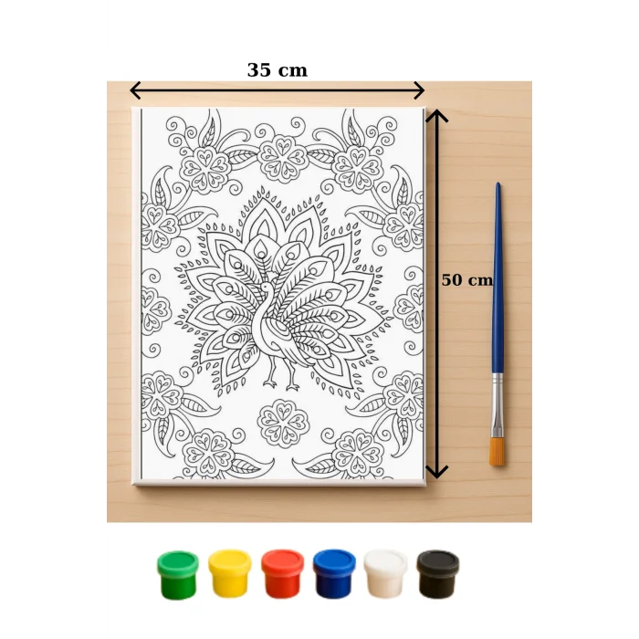 Tavus Kuşu Mandala Tuval Boyama Seti | 35x50 cm Kanvas Boyama Tablosu | Çocuk ve Yetişkin Sanat Etkinliği