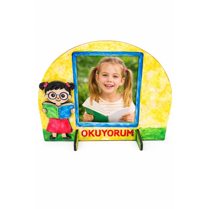 Kız Çocuk Okuyorum Çerçeve Boyama Seti | Çocuklar İçin Ahşap Boyama Etkinlik Ürünü | MDF Fotoğraf Çerçevesi
