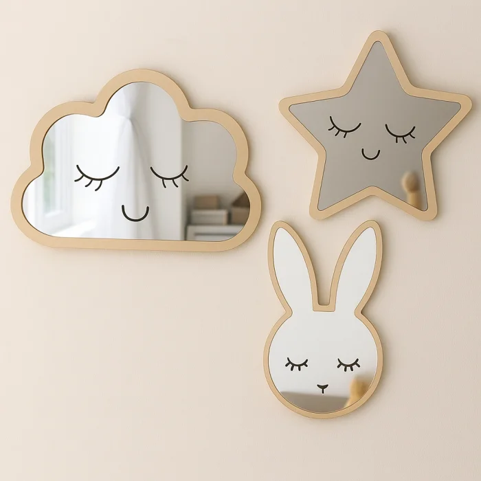 Bulut Yıldız Tavşan Mdf Pleksi Ayna Çocuk Odası Süsleri 3 Lü Set