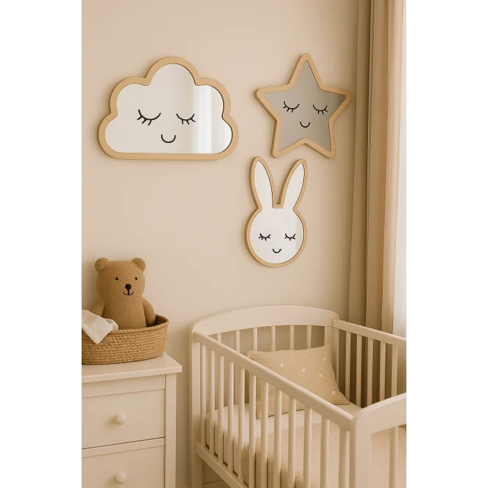 Bulut Yıldız Tavşan Mdf Pleksi Ayna Çocuk Odası Süsleri 3 Lü Set