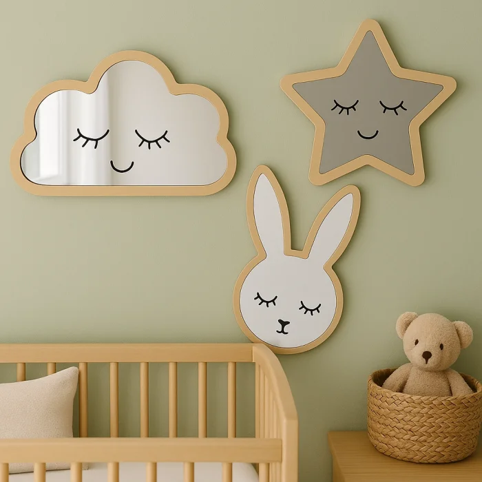Bulut Yıldız Tavşan Mdf Pleksi Ayna Çocuk Odası Süsleri 3 Lü Set