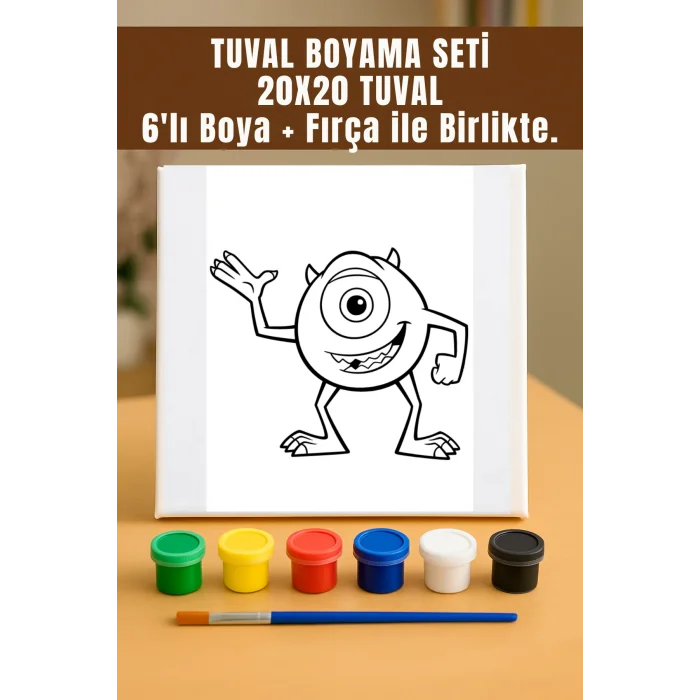 Mike Wazowski Temalı Tuval Seti | Atölye Etkinlik 20x20 Tuval (6’lı Boya + Fırça Dahil)