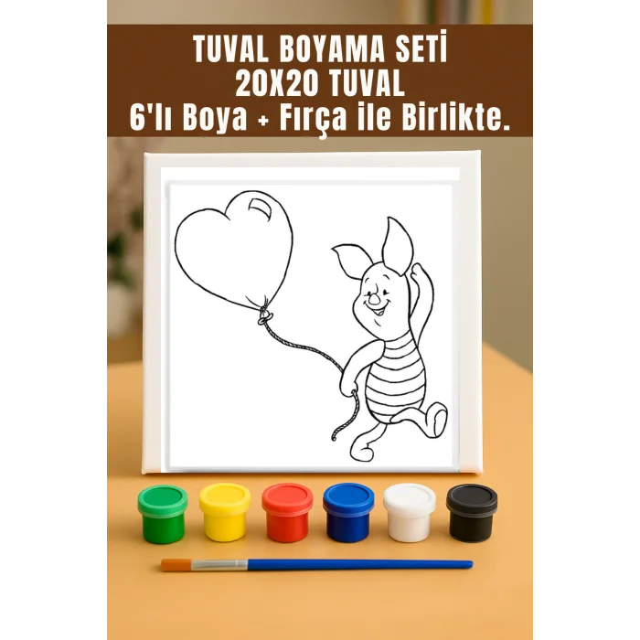 Piglet Temalı Tuval Seti | Atölye Etkinlik 20x20 Tuval (6’lı Boya + Fırça Dahil)