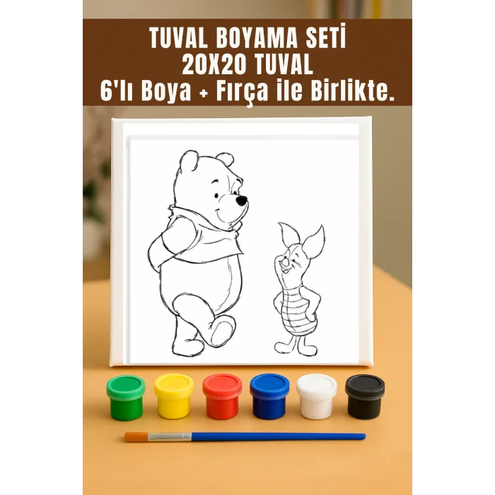 Piglet ve Pooh Temalı Tuval Seti | Atölye Etkinlik 20x20 Tuval (6’lı Boya + Fırça Dahil)
