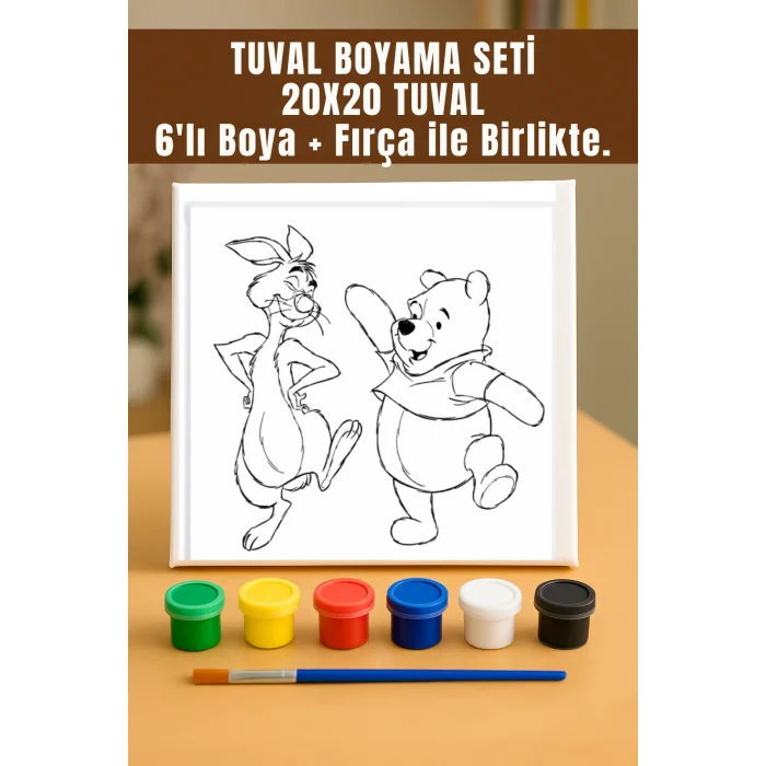 Pooh ve Rapid Temalı Tuval Seti | Atölye Etkinlik 20x20 Tuval (6’lı Boya + Fırça Dahil)