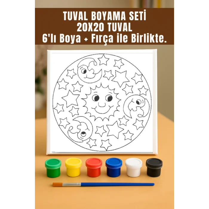 Tuval Boyama Seti – Ay ve Yıldız Temalı 20x20 Tuval (6’lı Boya + Fırça Dahil)