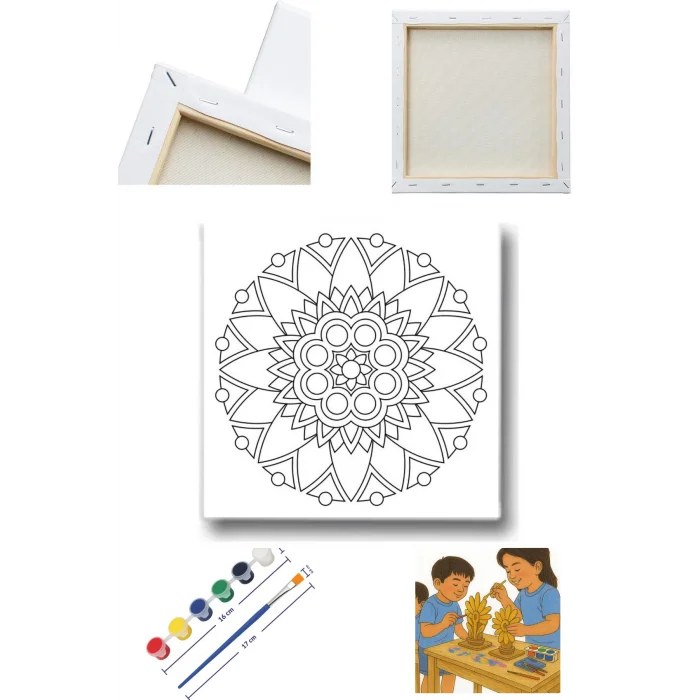 Mandala Tuval Boyama Seti – Desenli Mandala Temalı 20x20 Tuval (6’lı Boya + Fırça Dahil)