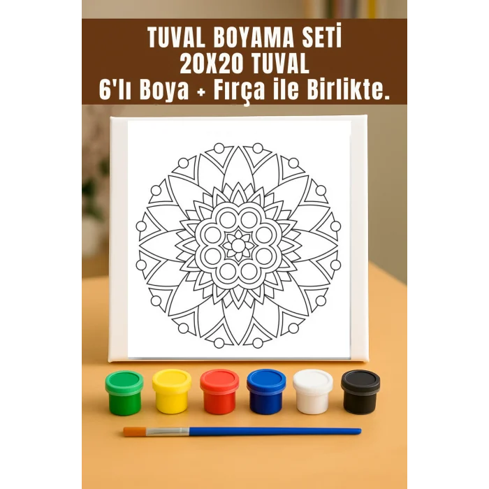 Mandala Tuval Boyama Seti – Desenli Mandala Temalı 20x20 Tuval (6’lı Boya + Fırça Dahil)