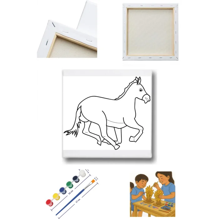 Tuval Boyama Seti – Koşan At Desenli 20x20 Tuval (6’lı Boya + Fırça Dahil)