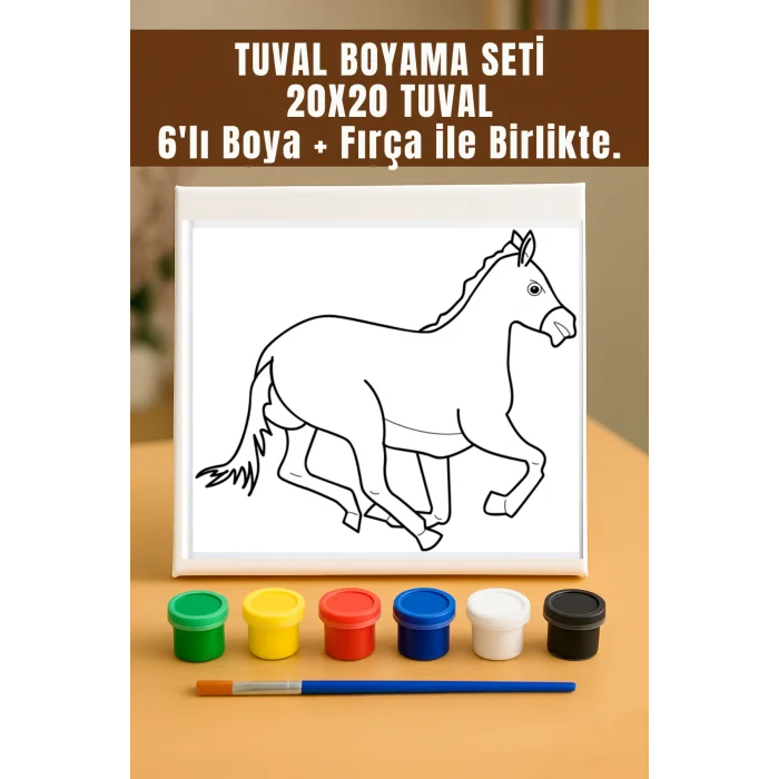 Tuval Boyama Seti – Koşan At Desenli 20x20 Tuval (6’lı Boya + Fırça Dahil)