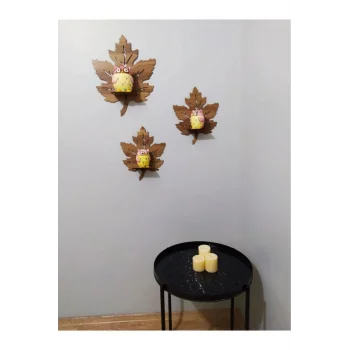 lü Ahşap Duvar Süsü Rafı Çınar Yaprağı Mumluk