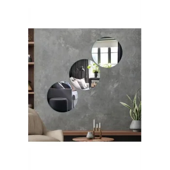 Dekoratif Yuvarlak Gümüş Ayna Pleksi Duvar Süsü 3 Adet ( Yapışkanlı )