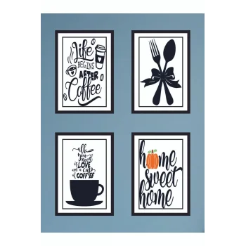 4 Parça Mutfak Ev Dekarasyon Çerçeve Görünümlü Ahşap Arkası Yapışkanlı Mdf Tablo Çoklu Set