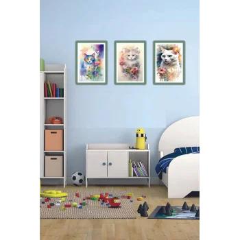 3 Parça Çerçeve Görünümlü Mdf Tablo Seti Çiçek Kedi Tablo