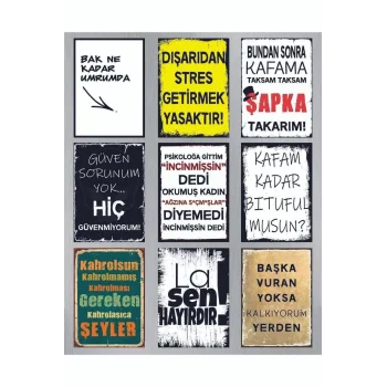 9 Parça Karışık Yazılı Ahşap Tablo Seti