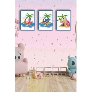 Çocuk Odası Tablo - Deniz Hayvanları - Çocuk Odası Dekorasyon - Ahtapot- Flamingo - Köpekbalığı.