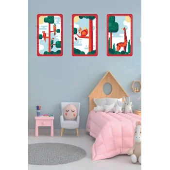 Çocuk Odası Tablo - Safari Hayvanları - Çocuk Odası Dekorasyon - Papağan - Sincap - Zürafa.