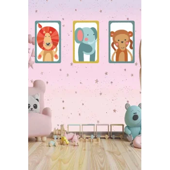 Çocuk Odası Tablo - Safari Hayvanları - Çocuk Odası Dekorasyon - Fil - Aslan - Maymun.