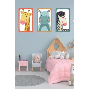 Çocuk Odası Tablo - Safari Hayvanları - Çocuk Odası Dekorasyon - Zürafa - Su Aygırı - Zebra