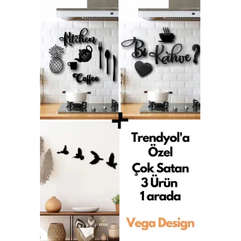 Kitchen 9 Parça + Bi Kahve + 4lü Kuş Duvar Dekoru 3 Ürün 1 Arada 3ü1arada