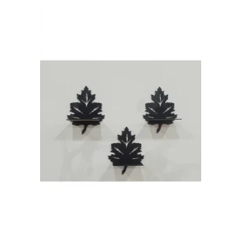 3lü Ahşap Duvar Süsü Rafı Çınar Yaprağı Mumluk Siyah Yaprak Raf 3lü