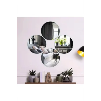 Dekoratif Yuvarlak Gümüş Ayna Pleksi Duvar Süsü 2 Adet ( Yapışkanlı )