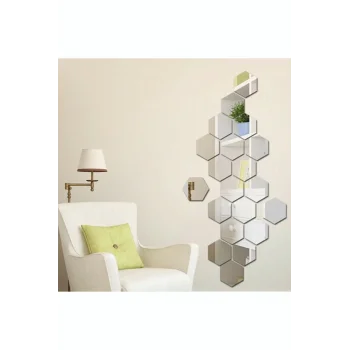 Bal Peteği Gümüş Dekoratif Altıgen 12x Süs Akrilik Ayna 7,5x8,5cm Antre Duvar Pleksi Yapışkan Bantlı