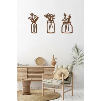 Kahverengi Lazer Kesim Ahşap Saksılar Duvar Dekoru