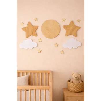 Ahşap Yıldız Ay Bulut Duvar Süsü Seti | Çocuk Odası Dekoratif MDF Duvar Süsü 13 Parça
