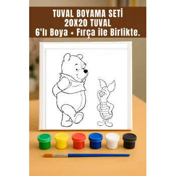 Piglet ve Pooh Temalı Tuval Seti | Atölye Etkinlik 20x20 Tuval (6’lı Boya + Fırça Dahil)