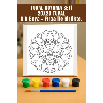 Mandala Tuval Boyama Seti – Desenli Mandala Temalı 20x20 Tuval (6’lı Boya + Fırça Dahil)