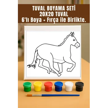 Tuval Boyama Seti – Koşan At Desenli 20x20 Tuval (6’lı Boya + Fırça Dahil)