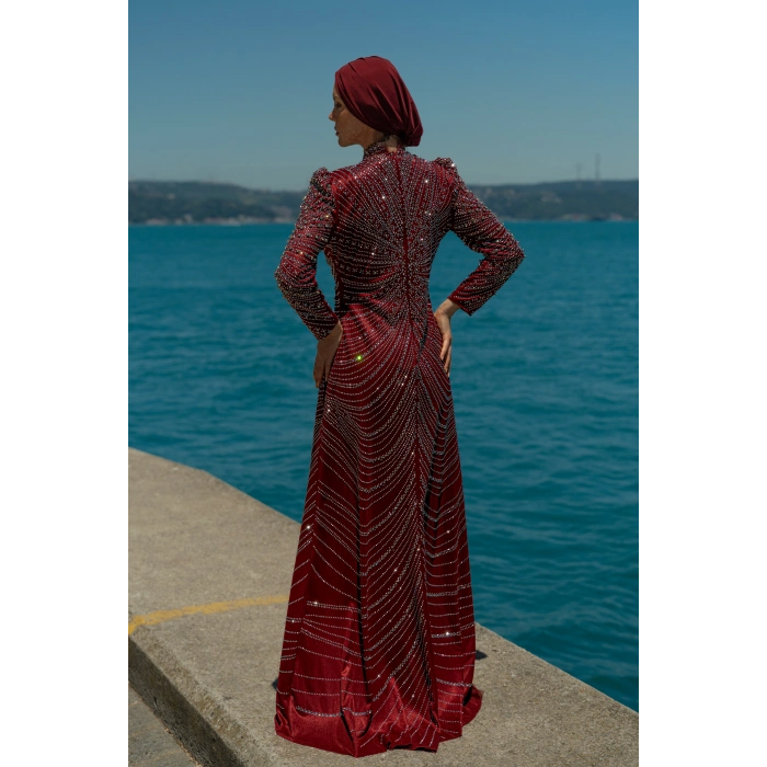 TAŞLI ZARİF TESETTÜR ABİYE - bordo