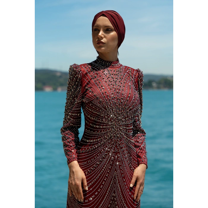 TAŞLI ZARİF TESETTÜR ABİYE - bordo