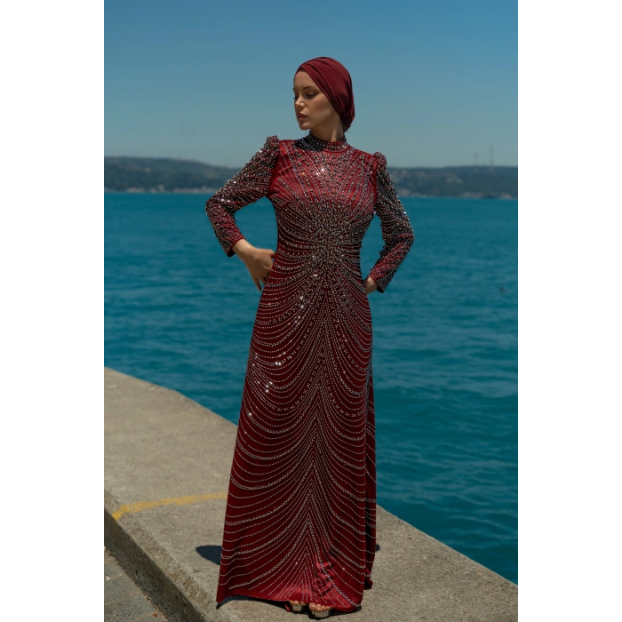 TAŞLI ZARİF TESETTÜR ABİYE - bordo
