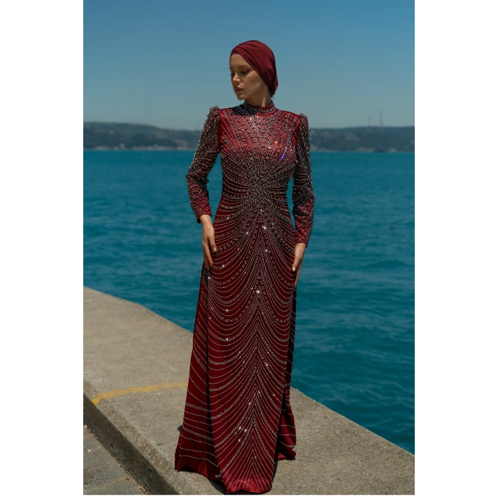 TAŞLI ZARİF TESETTÜR ABİYE - bordo