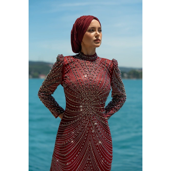 TAŞLI ZARİF TESETTÜR ABİYE - bordo