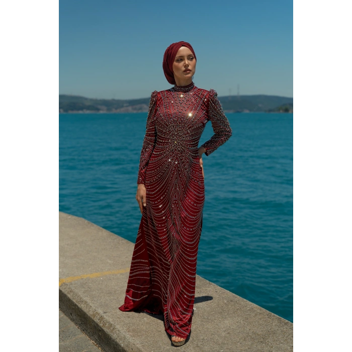 TAŞLI ZARİF TESETTÜR ABİYE - bordo